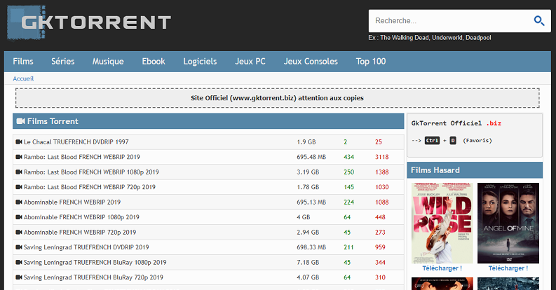 Page d'accueil du site GkTorrent.