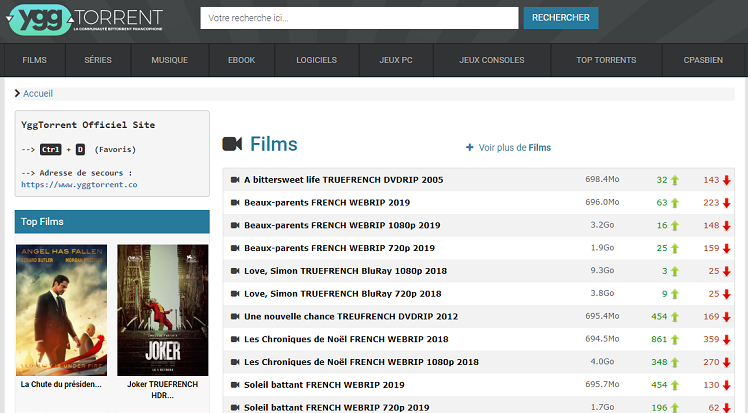 Page d'accueil du site YggTorrent.