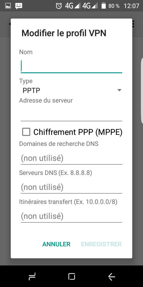 Modifier le profil VPN sur Android sans Chiffremen PPP (MPPE) Modifier le profil VPN sur Android sans Chiffremen PPP (MPPE)