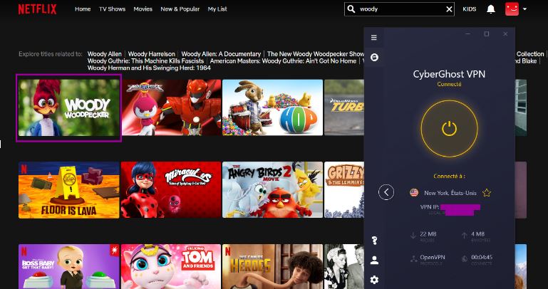 Interface Netflix avec Cyberghost active