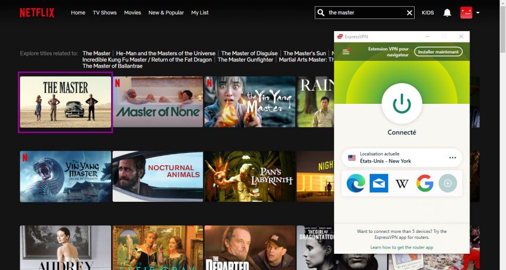 Interface Netflix avec ExpressVPN active
