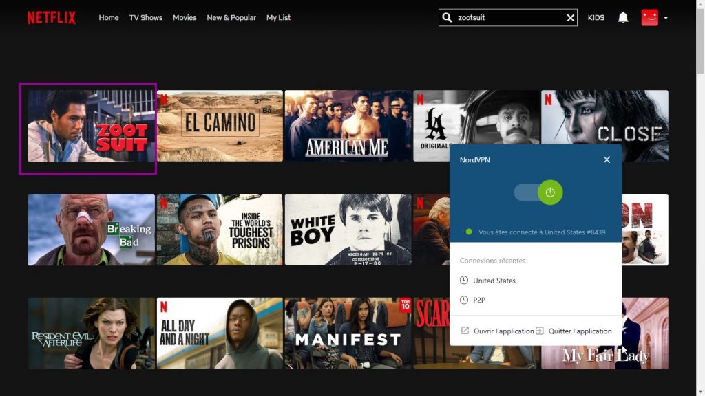 Interface Netflix avec NordVPN active