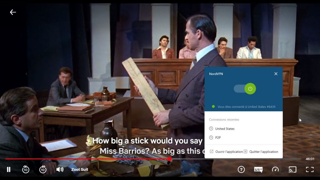 Lecture Netflix avec NordVPN active