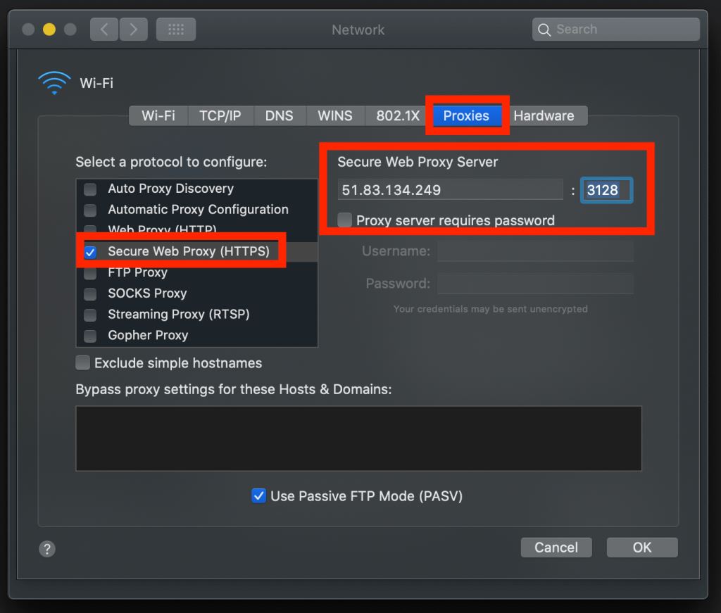 Configuration du serveur proxy sur MacOS