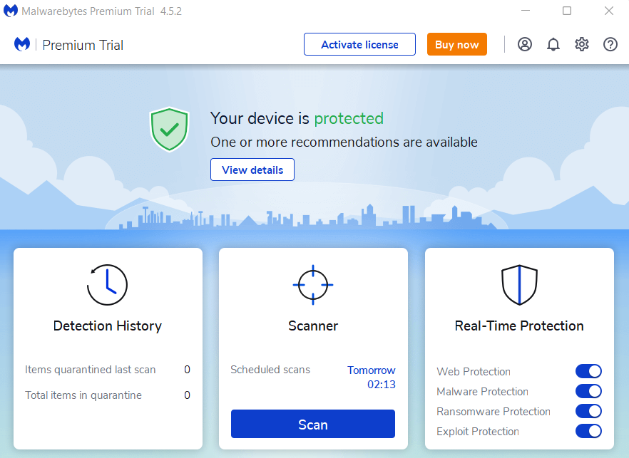 Malwarebytes interface