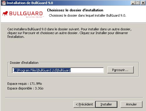 Choix du dossier d'intastalltion pour Bullguard